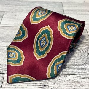ADOLFO Handmade All Silk Necktie Men’s Tie Burgandy Tan Green Geometric Design